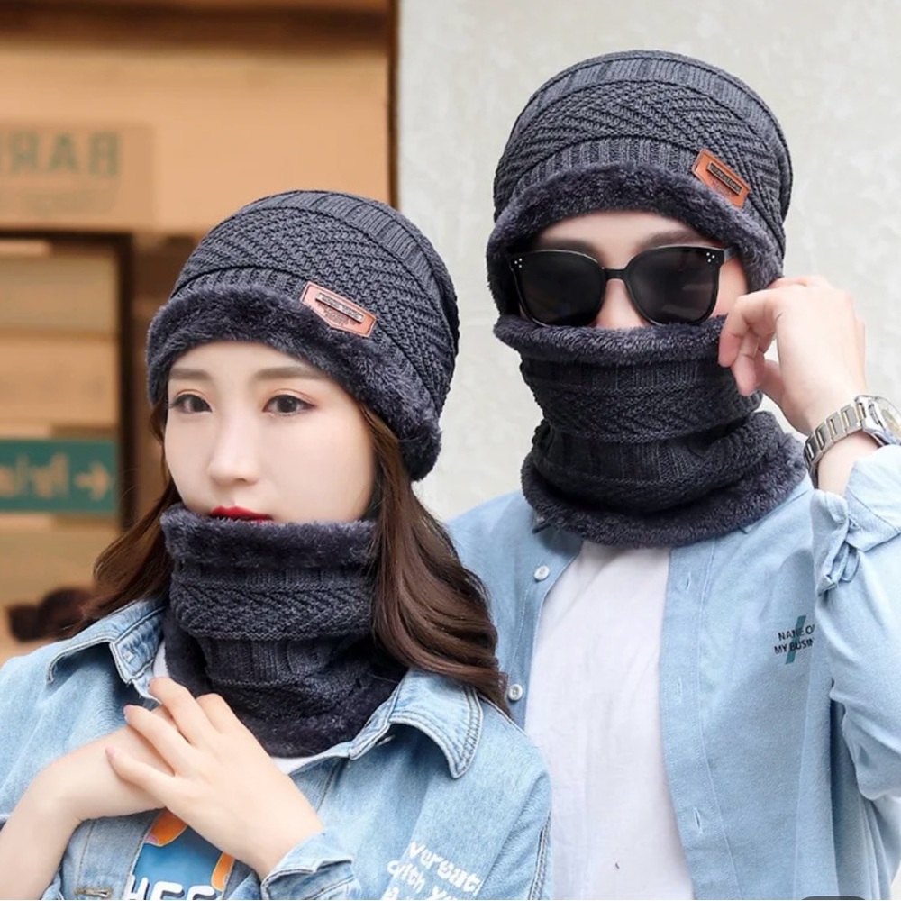 Mens and Womens Winter  Knit Warm Beanie Hat and Scarf Ski Skull Cap 2 in 1